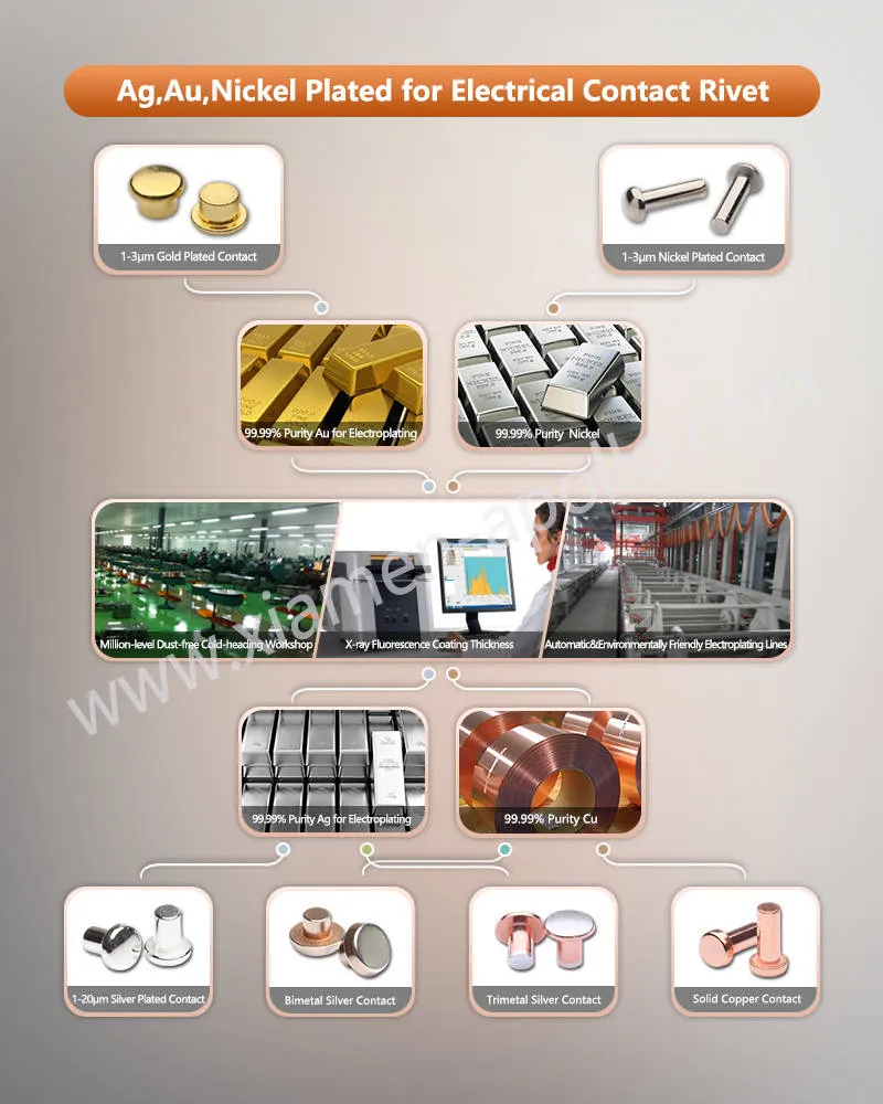 Ag, Au, Nickel Plated for AgNi Bimetal Contact Rivets Ag, Au, Nickel Plated for AgNi Bimetal Contact Rivets